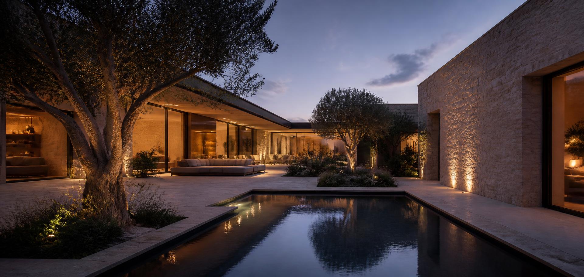 Contemporary villa courtyard at dusk with warm interior light and still water
