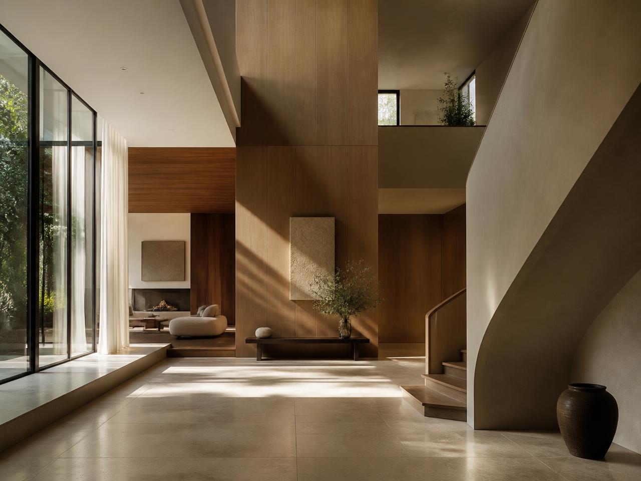 Interior architectural space with stone floors, timber panelling and controlled daylight