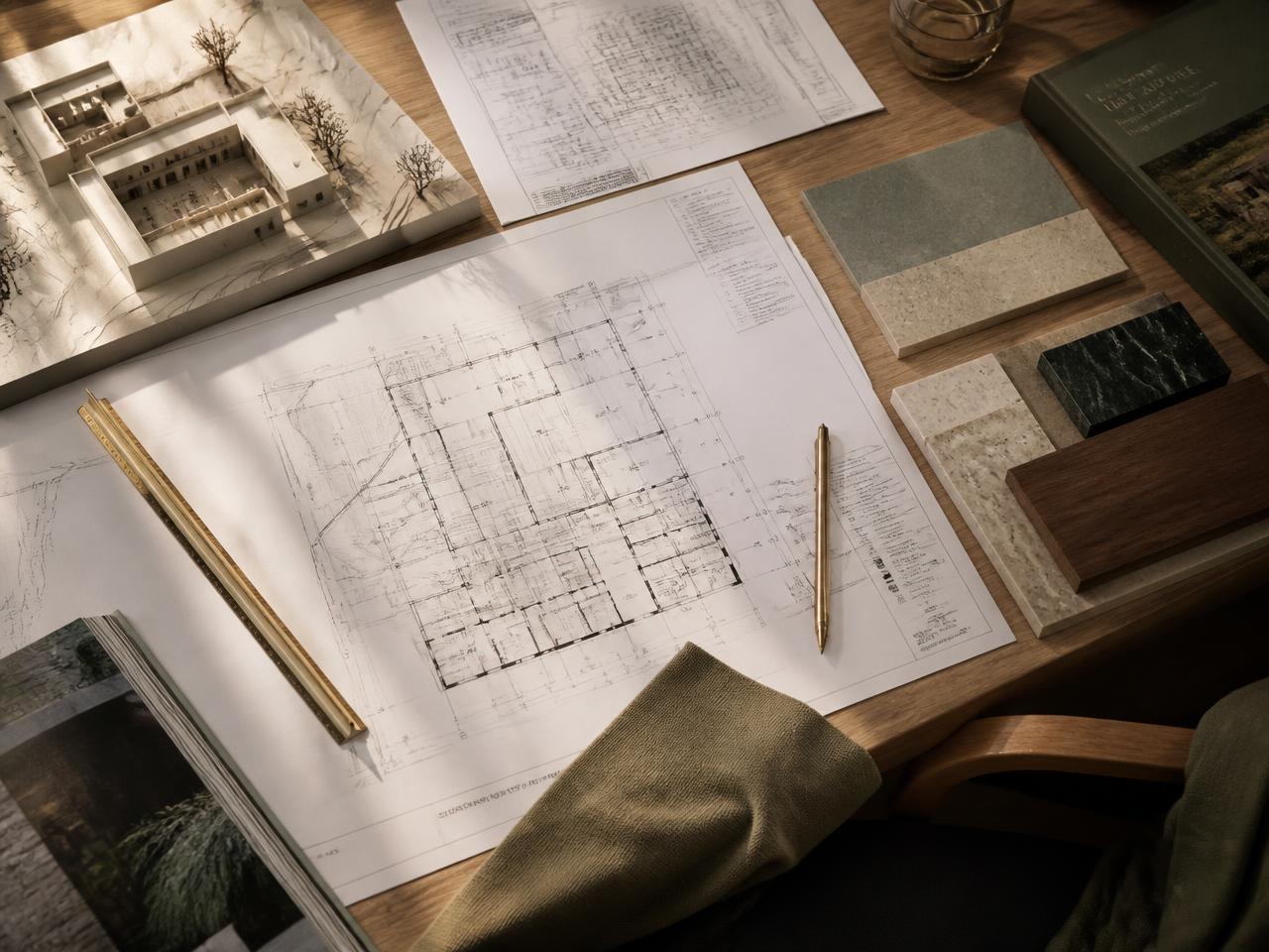 Architectural plans, physical model and stone and timber material samples on a studio table